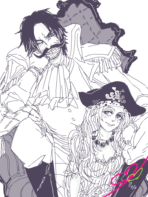 1boy 1girl ascot beard_stubble boots closed_mouth coat coat_on_shoulders commentary couple epaulettes facial_hair freckles gol_d._roger greyscale hat head_rest kaoru. long_hair monochrome mustache one_eye_closed one_piece pirate_hat portgas_d._rouge short_hair sitting smile stubble