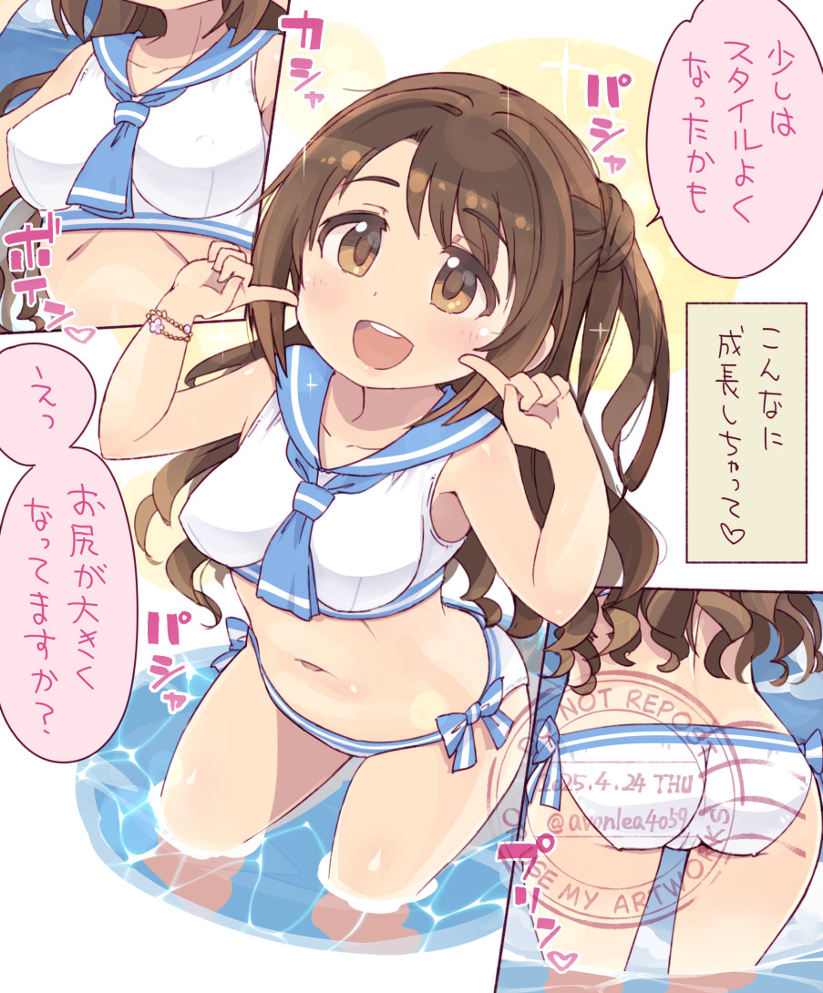 1girl 4040_(abonriya) bikini breasts brown_eyes brown_hair commentary_request idolmaster idolmaster_cinderella_girls long_hair looking_at_viewer medium_breasts multiple_views navel open_mouth paid_reward_available sailor_bikini sailor_collar sailor_swimsuit_(idolmaster) shimamura_uzuki sound_effects swimsuit teeth translation_request upper_teeth_only white_bikini