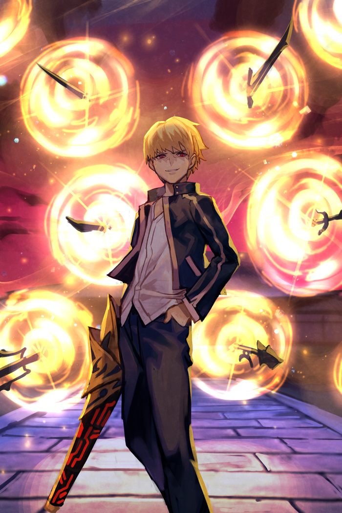 1boy black_jacket black_pants blonde_hair ea_(fate) evil_smile fate/stay_night fate_(series) gate_of_babylon_(fate) gilgamesh_(fate) gilgamesh_(immoral_biker_jacket)_(fate) hand_in_pocket holding holding_sword holding_weapon hungry_clicker jacket looking_at_viewer male_focus open_clothes open_jacket pants pocket red_eyes shirt short_hair smile solo sword weapon white_shirt