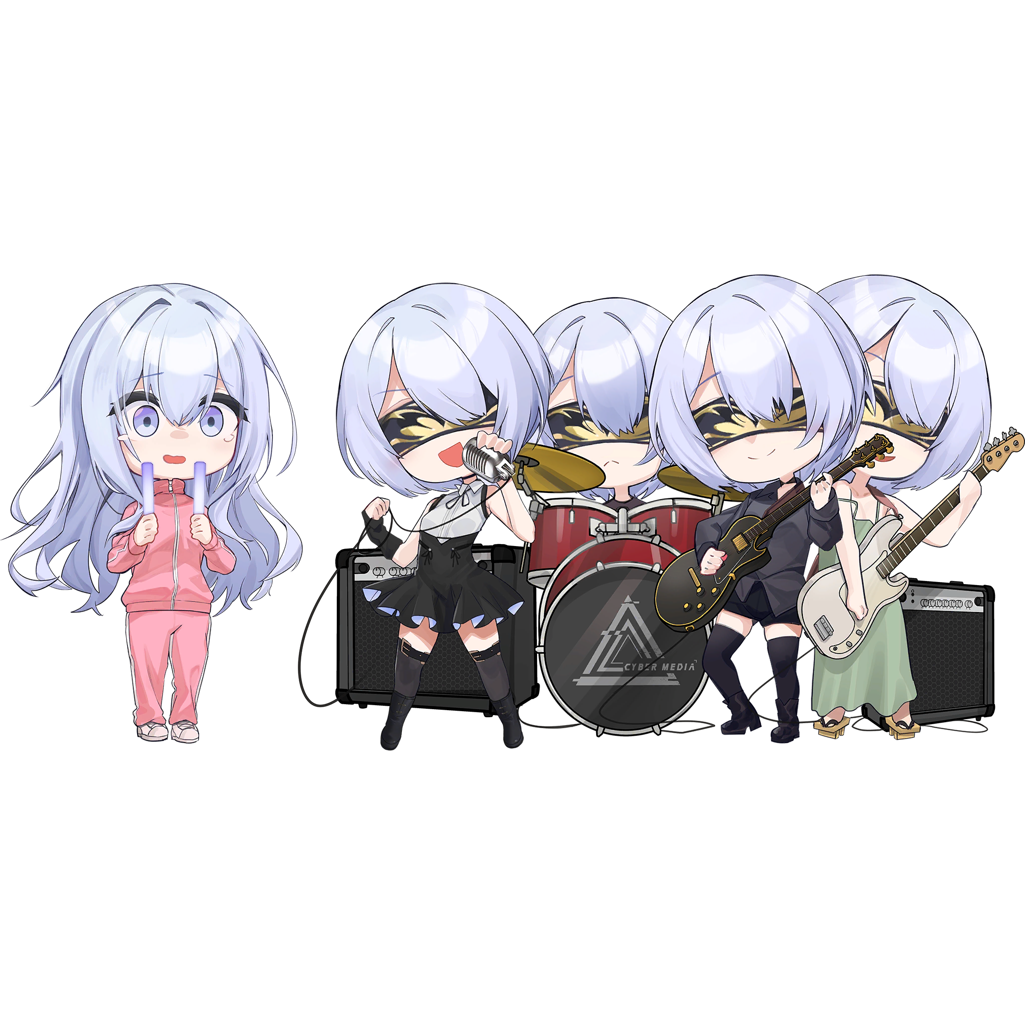 5girls amplifier bass_guitar blindfold blue_eyes chibi chibi_only deatheach dolce_(neural_cloud) drum electric_guitar game_cg girls'_frontline girls'_frontline_neural_cloud glowstick grey_hair guitar highres holding holding_instrument instrument maestoso_(neural_cloud) microphone multiple_girls music official_art pink_track_suit playing_instrument scherzando_(neural_cloud) singing third-party_source track_suit tranquilo_(neural_cloud) transparent_background undine_(fool's_duality)_(neural_cloud) undine_(neural_cloud)