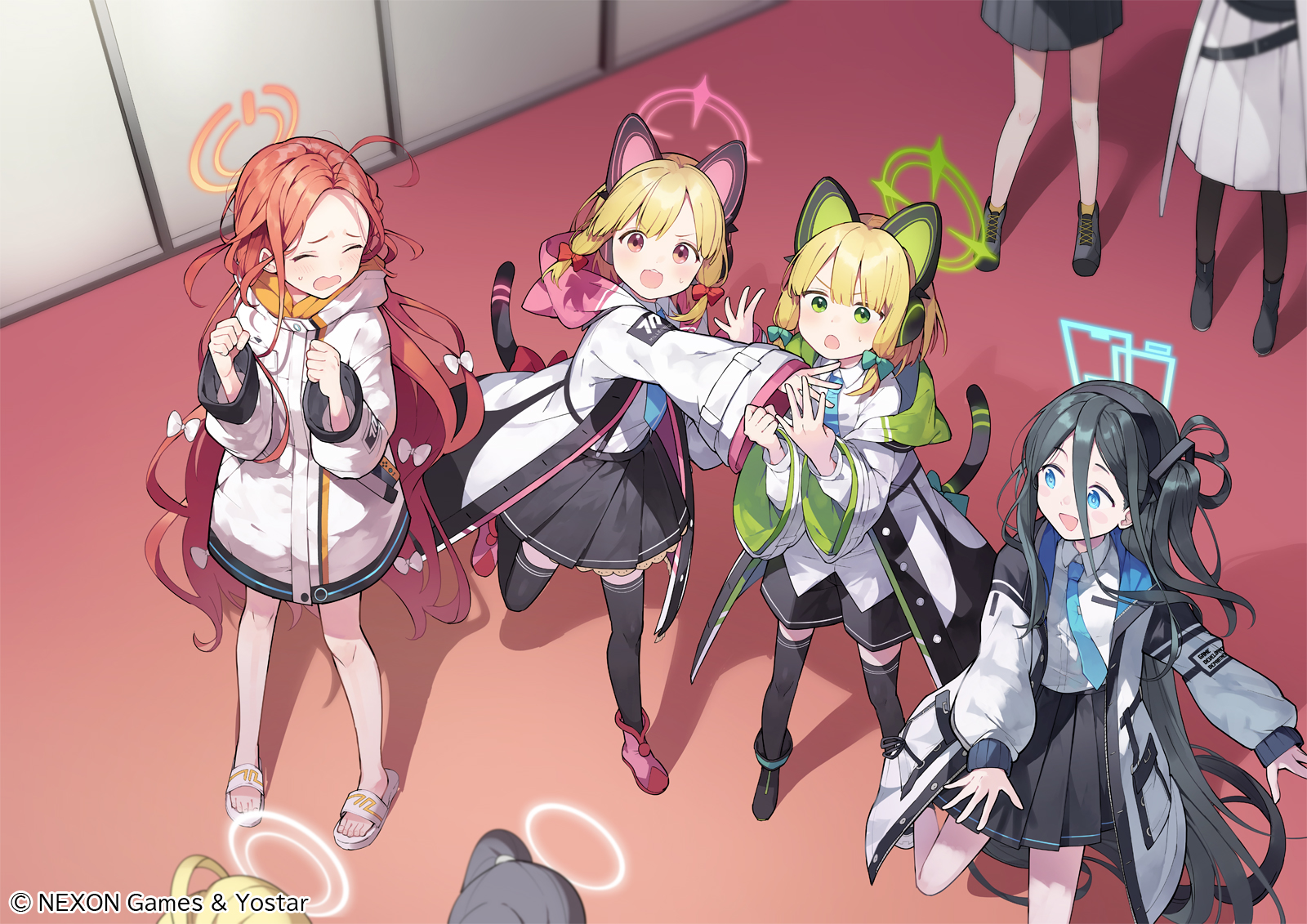 6+girls animal_ears aris_(blue_archive) black_skirt black_thighhighs blonde_hair blue_archive cat_ears cat_tail closed_eyes fake_animal_ears full_body game_development_department_(blue_archive) hair_between_eyes halo highres hiyo_kiki jacket long_hair long_sleeves looking_at_another looking_up midori_(blue_archive) millennium_science_school_student_(blue_archive) millennium_science_school_student_a_(blue_archive) millennium_science_school_student_b_(blue_archive) momoi_(blue_archive) multiple_girls necktie official_art open_clothes open_jacket open_mouth pink_shoes red_hair sandals shoes skirt standing sukeban_(mg)_(blue_archive) sukeban_(smg)_(blue_archive) tail thighhighs white_footwear yuzu_(blue_archive)
