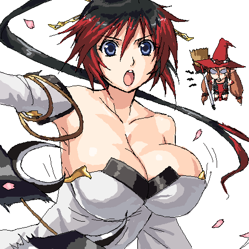 2girls banpresto bare_shoulders black_hair blue_eyes bouncing_breasts breast_envy breasts cleavage dress hat kyon_feulion large_breasts long_hair lowres multicolored_hair multiple_girls nanbu_kaguya oekaki red_hair shibayuki simple_background strapless strapless_dress super_robot_wars super_robot_wars_og_saga_mugen_no_frontier two-tone_hair witch_hat