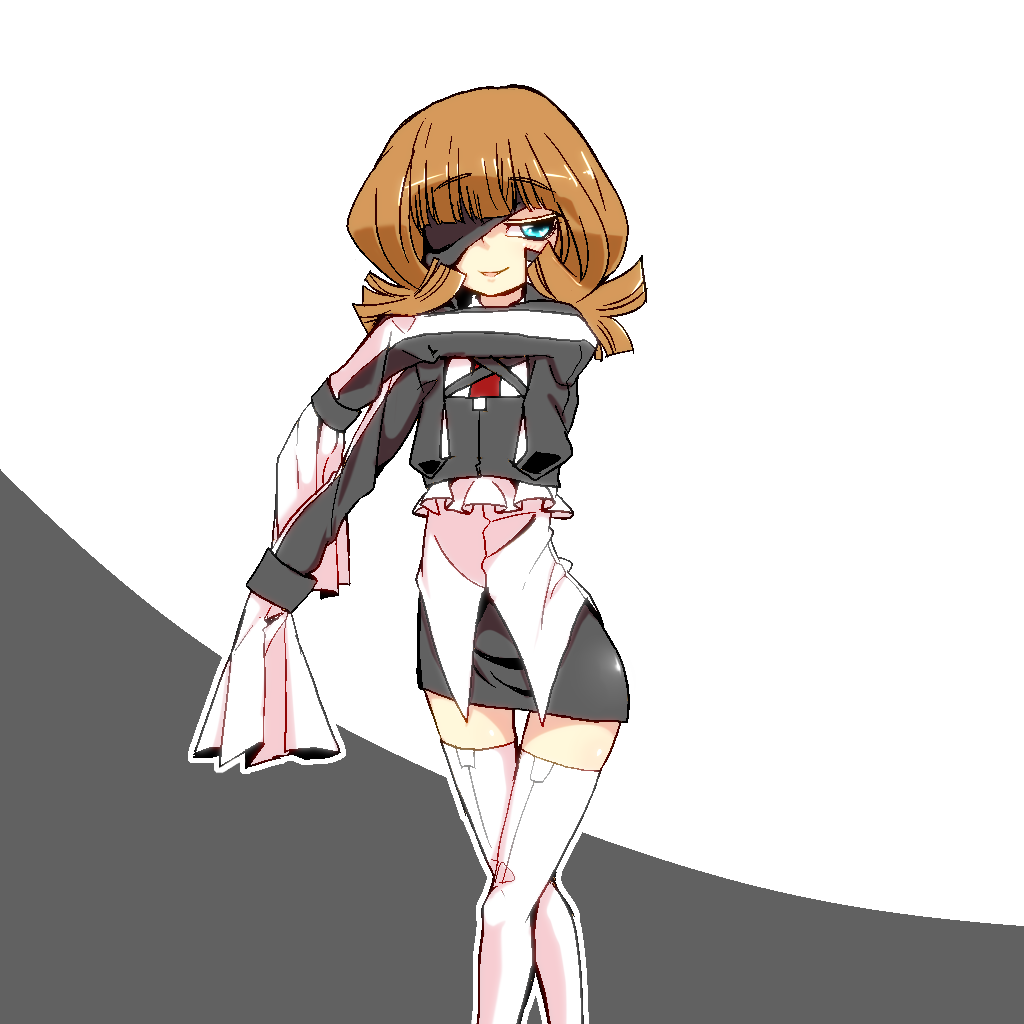 1girl blue_eyes brown_hair cosplay eyepatch frilled_sleeves frills kure_kirika kure_kirika_(cosplay) looking_at_viewer mahou_shoujo_madoka_magica mahou_shoujo_oriko_magica medium_hair mengnaidu solo thighhighs very_long_sleeves white_thighhighs yuuki_sasa