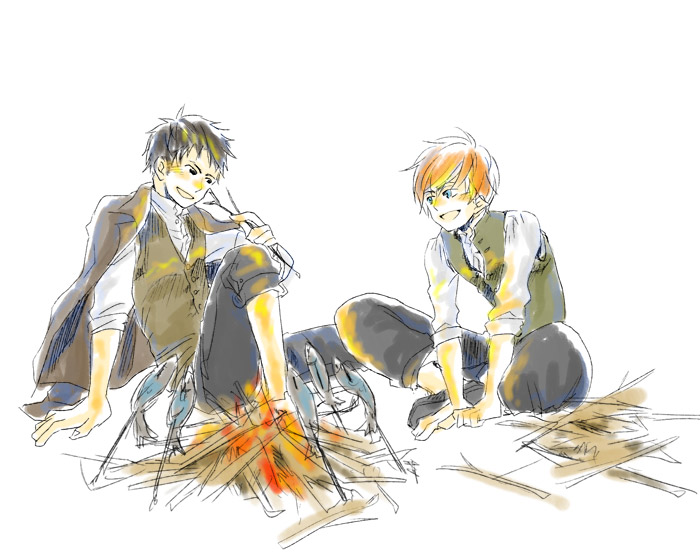 2boys brown_hair fire firewood fish jacket jacket_on_shoulders kobutya4696 larten_crepsley male_focus multiple_boys open_clothes open_jacket red_hair roasting short_hair sitting smile the_saga_of_darren_shan the_saga_of_larten_crepsley vest wester_flack aged_down
