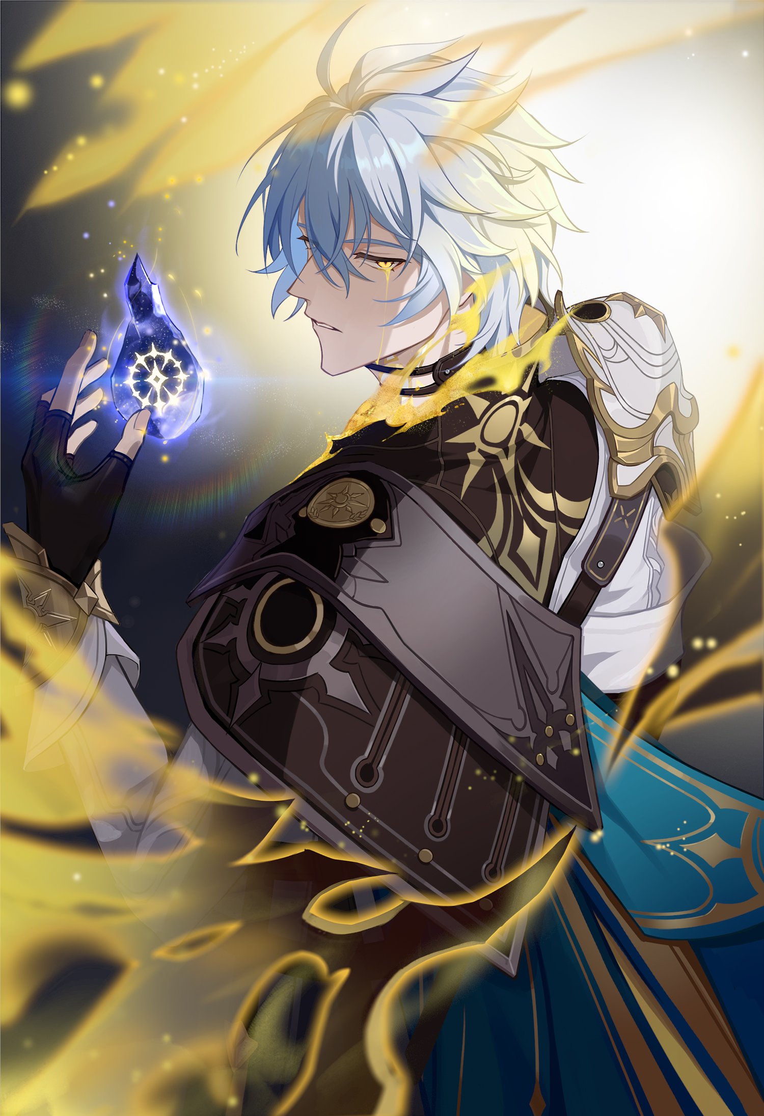 1boy antenna_hair armor black_choker black_gloves black_shirt blood bloody_tears blue_cape cape chinese_commentary choker coat commentary_request coreflame_(honkai:_star_rail) fingerless_gloves gloves highres honkai:_star_rail honkai_(series) looking_at_viewer looking_back male_focus neck_tattoo pauldrons phainon_(honkai:_star_rail) shirt short_hair shoulder_armor side_cape single_pauldron solo sun_symbol sun_tattoo tan tattoo white_coat white_hair wings yellow_blood yellow_eyes yexion123