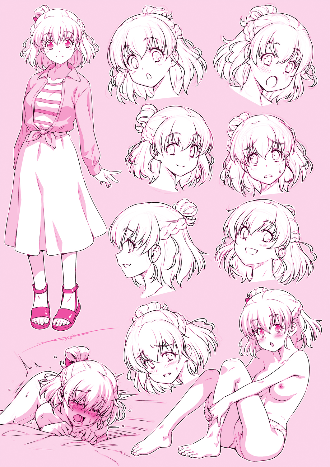 1girl :o asahina_mirai bow full_body hair_bow highres jacket kazuma_muramasa long_skirt looking_to_the_side mahou_girls_precure! mahou_girls_precure!!_mirai_days multiple_expressions nude pink_background pink_eyes precure sandals sex short_hair simple_background skirt smile striped_clothes
