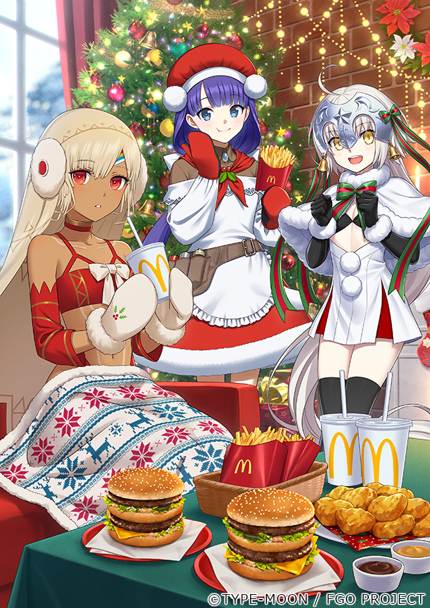 3girls ahoge altera_(fate) altera_the_santa_(fate) apron bell big_mac bikini bikini_top_only black_gloves black_thighhighs blue_eyes bow bra brooch brown_shirt burger capelet cheese chicken_nuggets choker christmas christmas_lights christmas_ornaments christmas_tree cup dark-skinned_female dark_skin disposable_cup drinking_straw earmuffs elbow_gloves fast_food fate/grand_order fate_(series) food french_fries fur-trimmed_capelet fur-trimmed_skirt fur_trim gift gloves green_bow hat headpiece holding holding_food holly jeanne_d&#039;arc_alter_santa_lily_(fate) jewelry jingle_bell ketchup lettuce long_hair martha_(fate) martha_(santa)_(fate) mcdonald&#039;s mittens morikura_en multiple_girls official_art purple_hair red_bra red_choker red_eyes red_gloves red_headwear red_skirt ribbon santa_costume santa_hat sesame_seeds shirt skirt striped_bow striped_ribbon swimsuit thighhighs underwear veil white_apron white_capelet white_mittens yellow_eyes