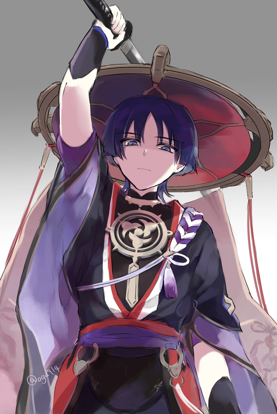 1boy arm_at_side arm_up armor black_bodysuit black_kimono black_shorts black_sleeves blunt_ends bodysuit closed_mouth colored_inner_hair from_below furisode genshin_impact glaring gold gradient_background grey_background grey_hair han&#039;eri hand_up hat highres holding holding_sword holding_weapon japanese_armor japanese_clothes jewelry jingasa katana kimono kote kurokote layered_clothes layered_kimono layered_sleeves looking_at_viewer male_focus mitsudomoe_(shape) multicolored_hair neck_ring o-ring oga914 open_clothes open_kimono parted_bangs pink_veil purple_eyes purple_hair purple_rope purple_sash purple_sleeves red_hat red_kimono red_sash rope sanpaku sash scaramouche_(genshin_impact) see-through_clothes see-through_veil shimenawa short_sleeves shorts solo sword tomoe_(symbol) twitter_username upper_body veil weapon white_background white_rope white_trim