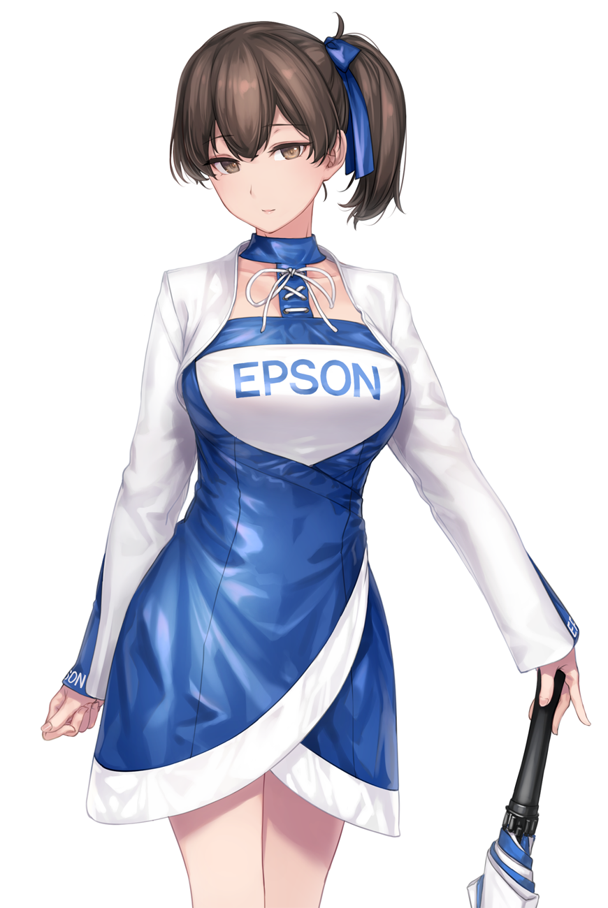 1girl alternate_costume blue_dress breasts brown_eyes brown_hair closed_mouth cowboy_shot dress epson hair_ribbon highres kaga_(kancolle) kantai_collection large_breasts long_hair long_sleeves race_queen ribbon rokuwata_tomoe side_ponytail simple_background white_background