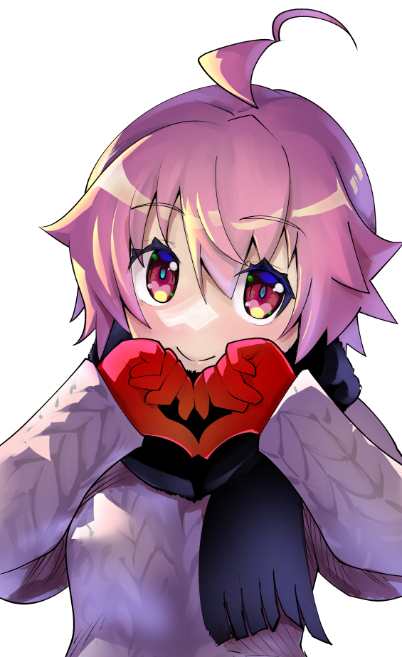 1girl ahoge aino_heart arcana_heart black_scarf closed_mouth commentary_request gloves looking_at_viewer pink_hair red_eyes red_gloves scarf short_hair simple_background smile solo sweater takashi_moritaka upper_body white_background