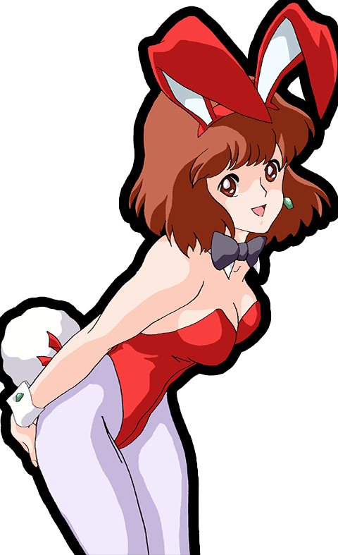 1girl animal_ears bow bowtie breasts brown_eyes brown_hair cleavage daicon daicon_bunny_girl daicon_iv fake_animal_ears female_focus leotard playboy_bunny rabbit_ears rabbit_tail simple_background solo tail wrist_cuffs