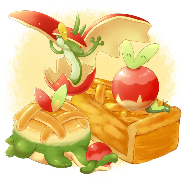 ^_^ aimi_(aimia492) apple_pie appletun applin border closed_eyes commentary_request evolutionary_line flapple food gen_8_pokemon looking_at_viewer nintendo no_humans open_mouth outside_border pie pie_slice pokemon pokemon_(creature) round_border simple_background white_border yellow_background yellow_eyes