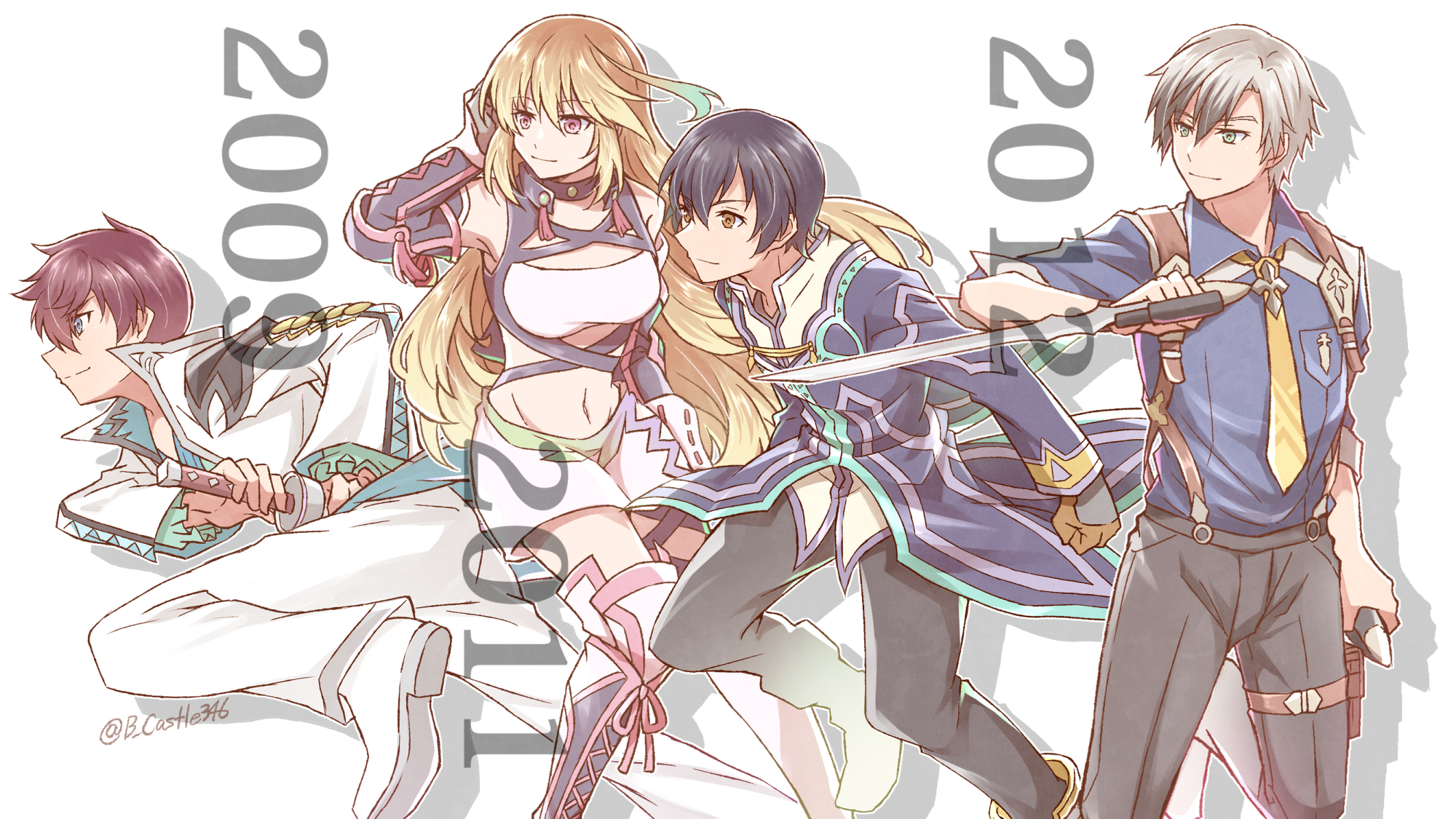 1girl 2009 2011 2012 3boys asbel_lhant bandeau black_hair blonde_hair blue_shirt boots breast_pocket brown_eyes brown_hair closed_mouth collared_shirt floating_hair green_eyes grey_hair grey_pants hand_in_own_hair hat highres holding holding_sword holding_unworn_clothes holding_unworn_hat holding_weapon holster jacket jude_mathis long_hair ludger_will_kresnik midriff milla_maxwell mishiro_(andante) multicolored_hair multiple_boys navel necktie pants pink_ribbon pocket profile red_eyes ribbon sheath sheathed shirt short_hair short_shorts shorts smile stomach sword tales_of_(series) tales_of_graces tales_of_xillia tales_of_xillia_2 thigh_boots thigh_holster twitter_username two-tone_hair unworn_hat unworn_headwear very_long_hair weapon white_background white_bandeau white_footwear white_jacket white_pants white_shorts wing_collar yellow_necktie