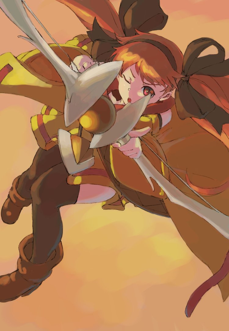 1girl aiming aiming_at_viewer arrow_(projectile) black_bow black_hairband black_thighhighs boots bow bow_(weapon) brown_boots drawing_bow hair_bow hairband holding holding_bow_(weapon) holding_weapon looking_at_viewer lyuri_(riviera) one_eye_closed open_mouth orange_eyes orange_hair riviera skirt solo thighhighs twintails vaison weapon zettai_ryouiki