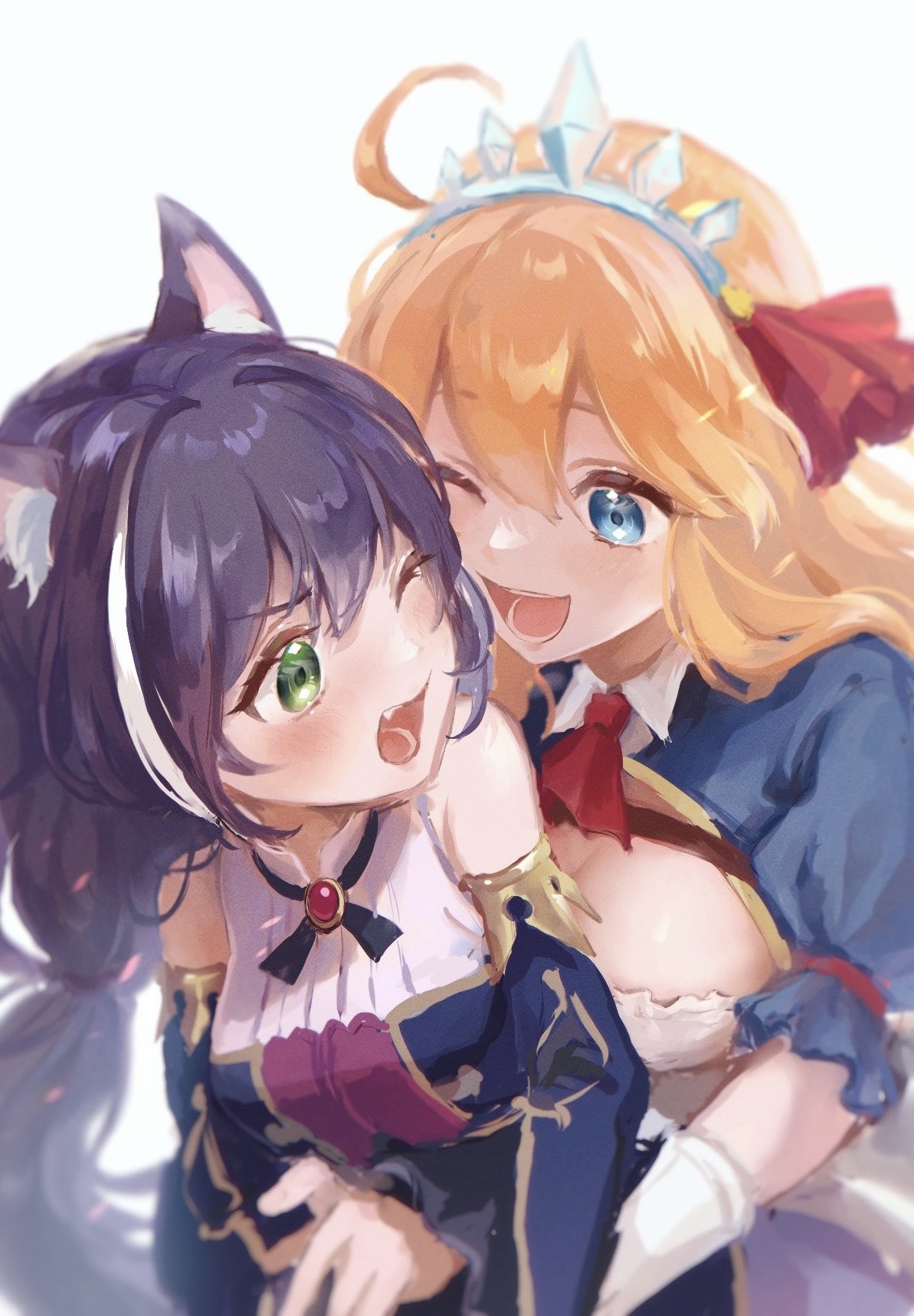 2girls ahoge animal_ears ascot bare_shoulders black_hair blue_eyes blush breasts cat_ears detached_sleeves dress eye_contact fang gloves green_eyes hairband highres hug hug_from_behind karyl_(princess_connect!) long_hair looking_at_another medium_breasts multicolored_hair multiple_girls open_mouth orange_hair pecorine_(princess_connect!) princess_connect! red_ascot sekiyu_inu shrug_(clothing) sleeveless sleeveless_dress small_breasts smile streaked_hair upper_body white_background white_gloves