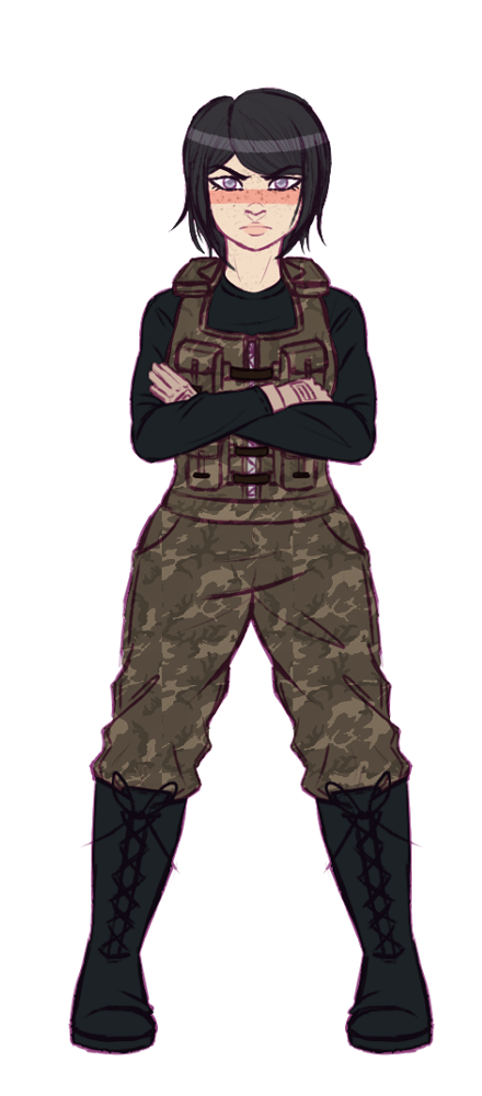 1girl alternate_costume berrybagels black_boots black_hair black_shirt blush boots brown_gloves brown_leggings calf_boots camouflage camouflage_pants camouflage_vest closed_mouth combat_vest crossed_arms danganronpa:_trigger_happy_havoc danganronpa_(series) eyebrows eyelashes female_focus freckles full_body gloves ikusaba_mukuro leggings long_sleeves looking_at_viewer military_vest pants pink_lips purple_eyes shirt simple_background solo standing white_background
