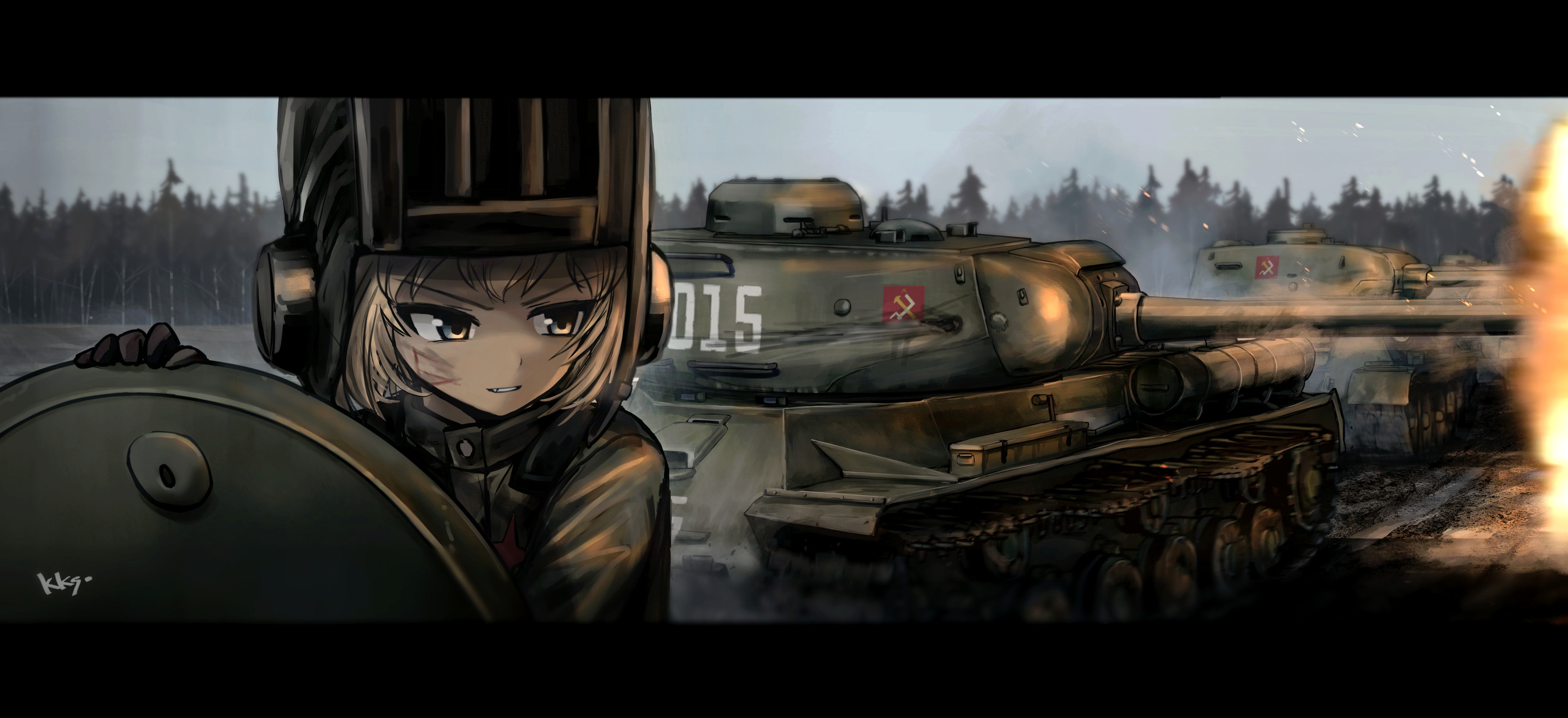 1girl absurdres black_gloves blonde_hair blue_eyes emblem firing forest girls_und_panzer gloves hatch highres is-2 katyusha_(girls_und_panzer) kk90 letterboxed military military_vehicle motor_vehicle nature open_hatch pravda_(emblem) pravda_military_uniform solo t-34 tank