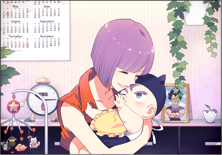 1boy 1girl aged_down alarm_clock alternate_hair_color baby bib black_border blue_eyes blunt_bangs bob_cut border bulma calendar_(object) character_doll clock closed_eyes crossed_arms dragon_ball dragonball_z flower_pot flying_nimbus grin gum_(gmng) hat indoors karin_(dragon_ball) mature_female mobile mother_and_son one_eye_closed oolong photo_(object) picture_frame plant potted_plant puar purple_hair smile trunks_(dragon_ball) vegeta