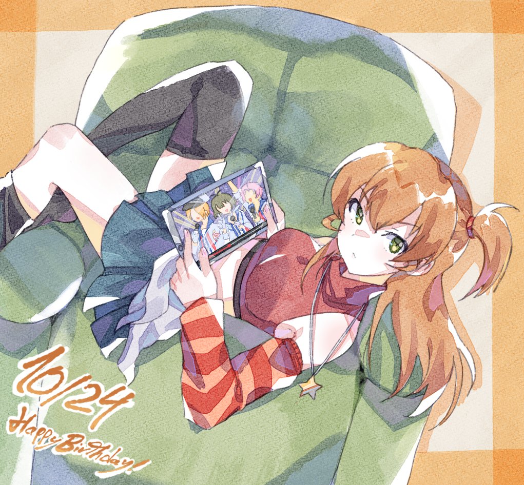 1girl 3boys ahoge akizuki_ryo antenna_hair arm_up asymmetrical_legwear bare_shoulders birthday black_socks black_thighhighs blue_skirt breasts brown_hair chair closed_mouth clothes_around_waist commentary_request concert crop_top dated detached_sleeves english_text fake_video gloves green_eyes happy_birthday hat high_collar holding holding_microphone holding_tablet_pc idol idol_clothes idolmaster idolmaster_dearly_stars idolmaster_side-m jacket jacket_around_waist jewelry kabuto_daigo kneehighs long_hair long_sleeves looking_at_viewer looking_to_the_side lying medium_breasts microphone midriff multicolored_sleeves multiple_boys music nara1508 neckerchief necklace no_eyes official_alternate_costume on_back on_chair one_side_up open_clothes open_jacket open_mouth orange_hair orange_sleeves pendant pink_hair pointing pointing_up red_sleeves red_tank_top sakurai_yumeko short_hair sidelocks singing single_sock single_thighhigh skirt smile socks solo_focus star_(symbol) star_necklace striped_sleeves tablet_pc tank_top thighhighs tsukumo_kazuki white_gloves white_jacket white_neckerchief