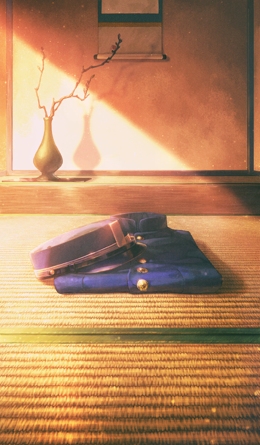 blue_hat blue_jacket branch buttons clothes_focus commentary fate/grand_order fate_(series) hanging_scroll hat indoors jacket kepi light_rays military_hat military_jacket moryo no_humans official_art scroll still_life tatami third-party_source unworn_clothes unworn_headwear unworn_jacket vase