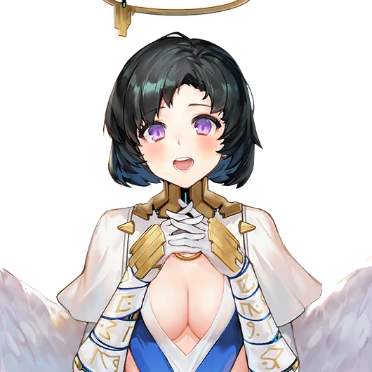 1girl angel_(last_origin) angel_wings black_hair blush bracer breasts cleavage dress female_focus game_cg gloves halo head_tilt high_collar interlocked_fingers jam_(nandade) last_origin looking_at_viewer mechanical_halo medium_breasts official_art open_mouth own_hands_clasped own_hands_together purple_eyes revealing_clothes short_hair teeth transparent_background upper_body white_gloves white_wings wings