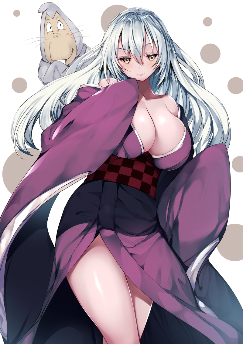 1boy 1girl blush breasts buck_teeth checkered_sash cleavage closed_mouth collarbone commentary_request facing_viewer feet_out_of_frame gegege_no_kitarou hair_between_eyes japanese_clothes kimono large_breasts long_hair long_sleeves looking_at_viewer nezumi_otoko obi off_shoulder purple_kimono sash silver_hair sleeves_past_fingers sleeves_past_wrists smile standing sunakake_babaa tamiya_akito teeth thighs whiskers wide_sleeves yellow_eyes traditional_youkai