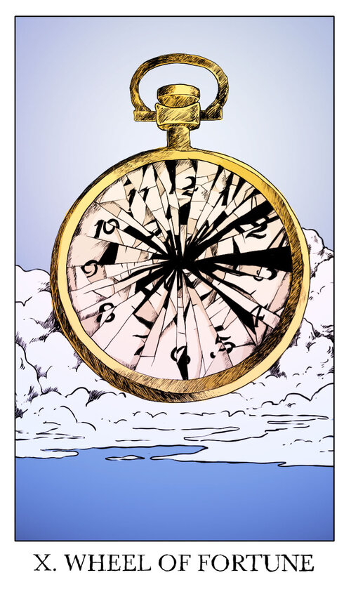 blue_background blue_sky border broken card_(medium) clock cloud day english_text jessica_hayworth no_humans object_focus outdoors pocket_watch roman_numeral shattered sky surreal tarot tarot_(medium) watch welcome_to_night_vale wheel_of_fortune_(tarot) white_border