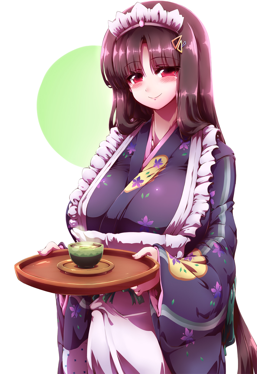 10s 1girl aloe_(fantasista_doll) apron blush breasts brown_hair fantasista_doll female_focus hair_ornament hairclip highres japanese_clothes kimono large_breasts long_hair maid maid_apron maid_headdress red_eyes simple_background smile solo tea tokyo_(great_akuta) tray very_long_hair wa_maid white_background