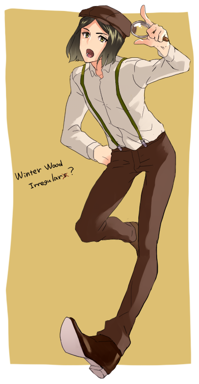 01rosso 1boy alternate_costume bad_id bad_pixiv_id brown_background newsboy_cap fate/zero fate_(series) green_eyes green_hair hat magnifying_glass male_focus matching_hair/eyes parted_bangs solo suspenders waver_velvet