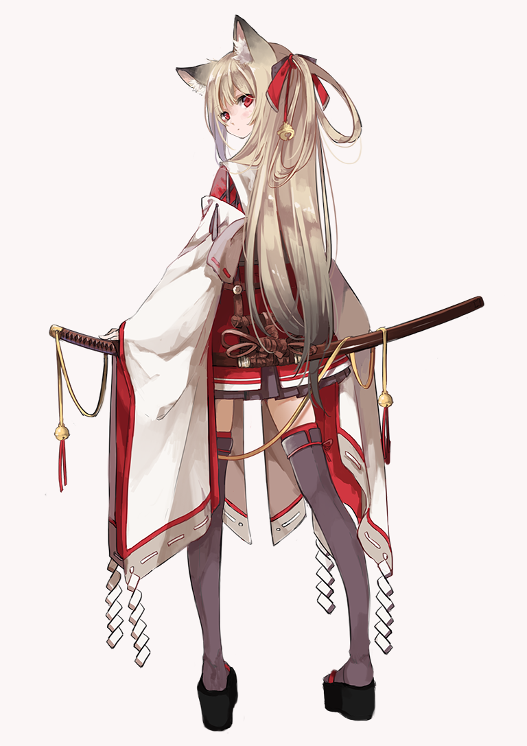 1girl animal_ears bad_id bad_pixiv_id bell blonde_hair blush detached_sleeves female_focus fox fox_ears fox_girl full_body geta hair_ribbon hilt japanese_clothes long_hair long_sleeves looking_at_viewer original oro_ponzu platform_clogs pleated_skirt red_eyes ribbon sheath simple_background skirt solo sword thighhighs thighs weapon wide_sleeves