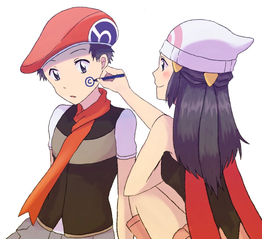 1boy 1girl beanie beret black_hair creatures_(company) dawn_(pokemon) drawing_on_another&#039;s_face game_freak grey_eyes hat holding holding_pencil iricorn looking_at_another lucas_(pokemon) nintendo pencil pokemon pokemon_dppt red_scarf scarf simple_background white_background white_hat