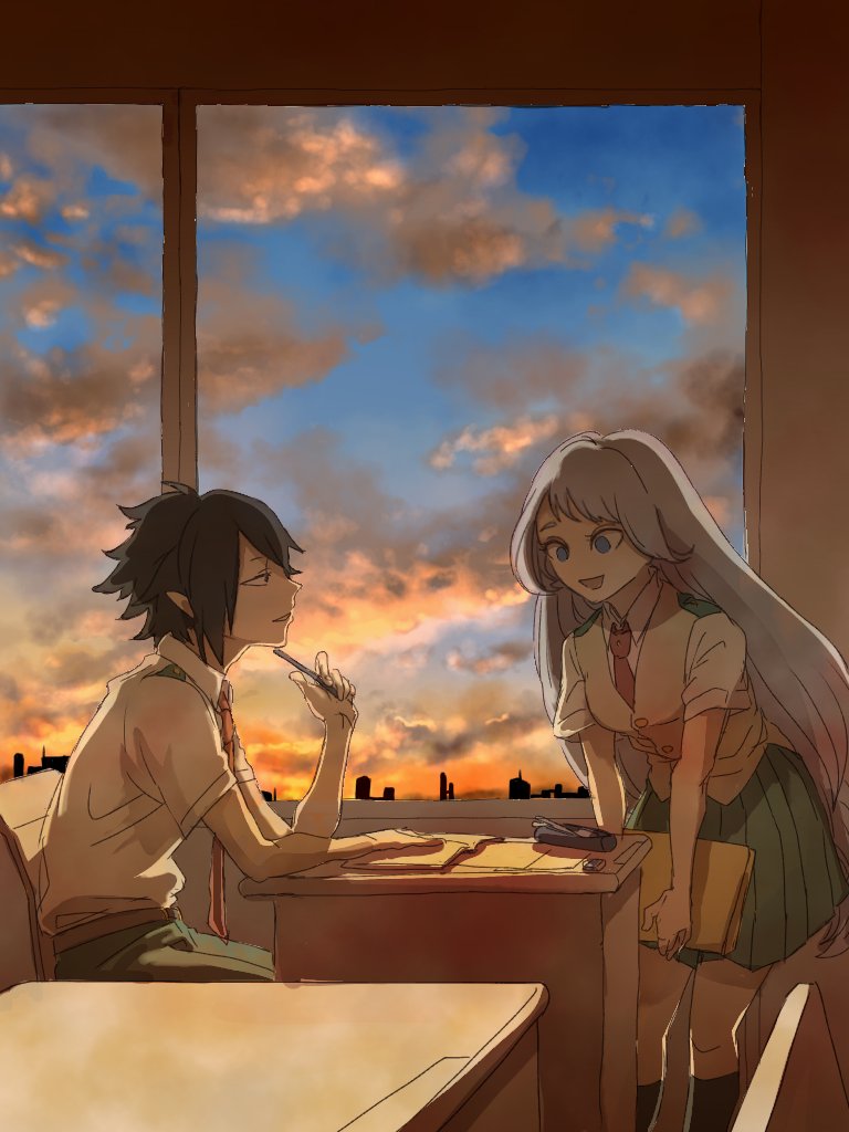 1boy 1girl amajiki_tamaki black_necktie black_socks boku_no_hero_academia book commentary_request hado_nejire holding holding_book holding_pen indoors long_hair necktie nikoban pen pointy_ears profile school_uniform short_hair short_sleeves sitting smile socks sunset vest