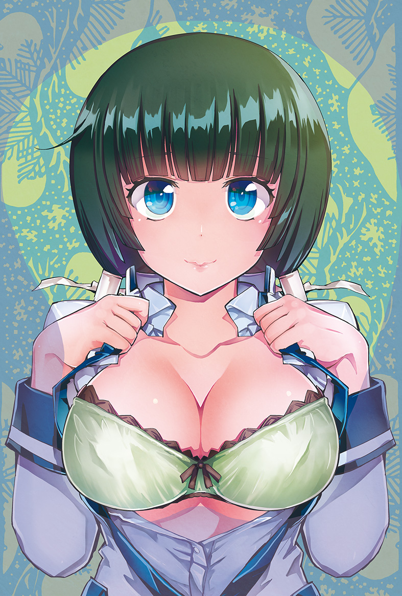 1girl blue_eyes bra breasts cleavage covered_erect_nipples female_focus green_hair huge_breasts long_hair looking_at_viewer maji_de_watashi_ni_koi_shinasai! mayuzumi_yukie open_clothes solo tamon_ketsuyuki underwear upper_body