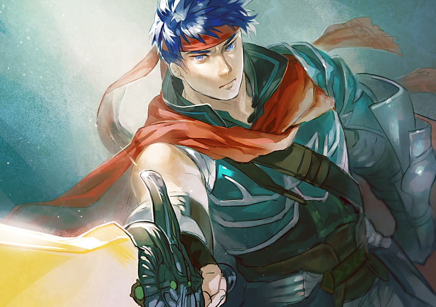 1boy armor blue_eyes blue_hair cape commentary_request dutch_angle fire_emblem fire_emblem:_radiant_dawn fire_emblem_heroes headband holding holding_sword holding_weapon ike_(fire_emblem) ike_(vanguard_legend)_(fire_emblem) male_focus nintendo official_alternate_costume picnicic ragnell red_cape short_hair solo sword weapon