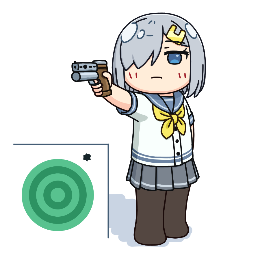 1girl 2024_summer_olympics black_pantyhose blue_eyes commentary_request grey_hair grey_sailor_collar grey_skirt gun hair_ornament hair_over_one_eye hairclip hama!_(3toshinhmkz) hamakaze_(kancolle) kantai_collection neckerchief no_nose olympics pantyhose parody pleated_skirt sailor_collar school_uniform serafuku short_hair simple_background skirt solo standing target weapon white_background yellow_neckerchief yusuf_dikec yusuf_dikec_(meme)