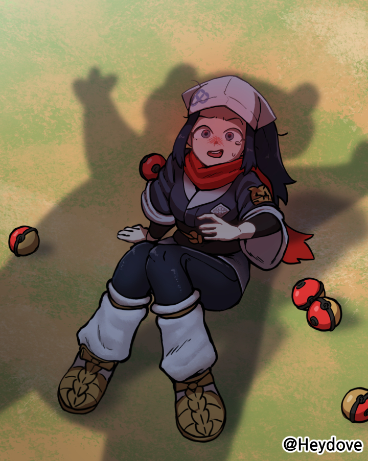 1girl akari_(pokemon) arm_support black_hair black_shirt brown_footwear commentary_request day grey_eyes grey_jacket grey_skirt headscarf heydove hisuian_poke_ball jacket korean_commentary logo long_hair looking_up nintendo outdoors pantyhose poke_ball pokemon pokemon_legends:_arceus ponytail shirt shoes sidelocks sitting skirt sweatdrop tearing_up teeth upper_teeth_only white_headscarf white_headwear