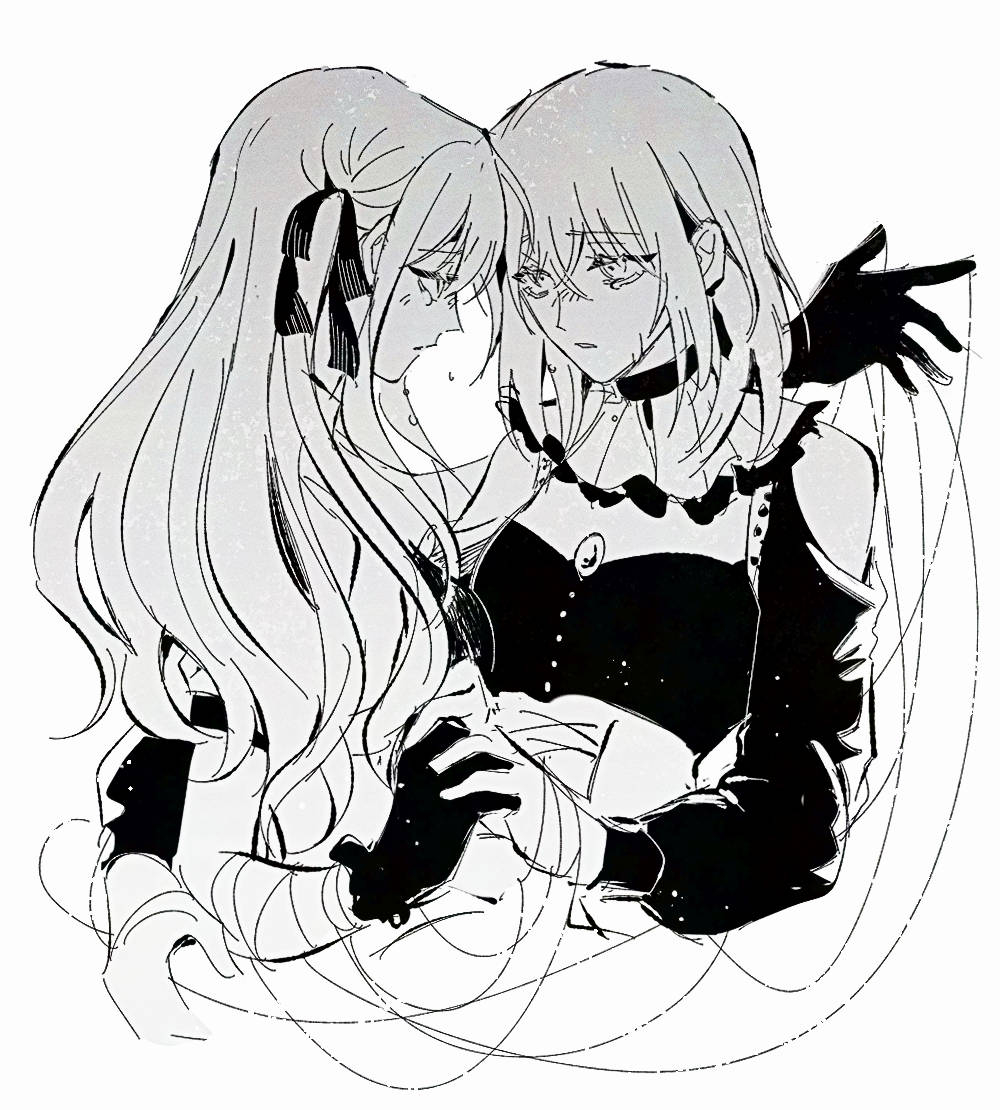 2girls bang_dream! bang_dream!_it&#039;s_mygo!!!!! brooch clothing_cutout doloris_(bang_dream!) greyscale hair_ribbon holding_hands interlocked_fingers jewelry long_hair maybecrosswise medium_hair misumi_uika monochrome multiple_girls oblivionis_(bang_dream!) puppet_strings ribbon shoulder_cutout togawa_sakiko upper_body yuri