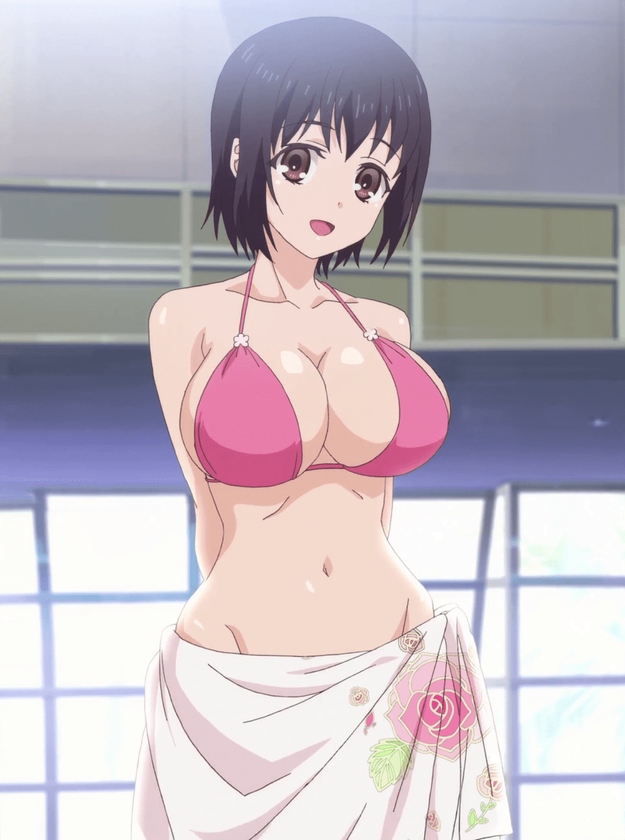 1girl anime_screenshot bikini bikini_top_only black_hair breasts brown_eyes cleavage collarbone highres hip_bones indoors kotone_shirakawa large_breasts looking_at_viewer navel overflow_(anime) sarong short_hair swimsuit