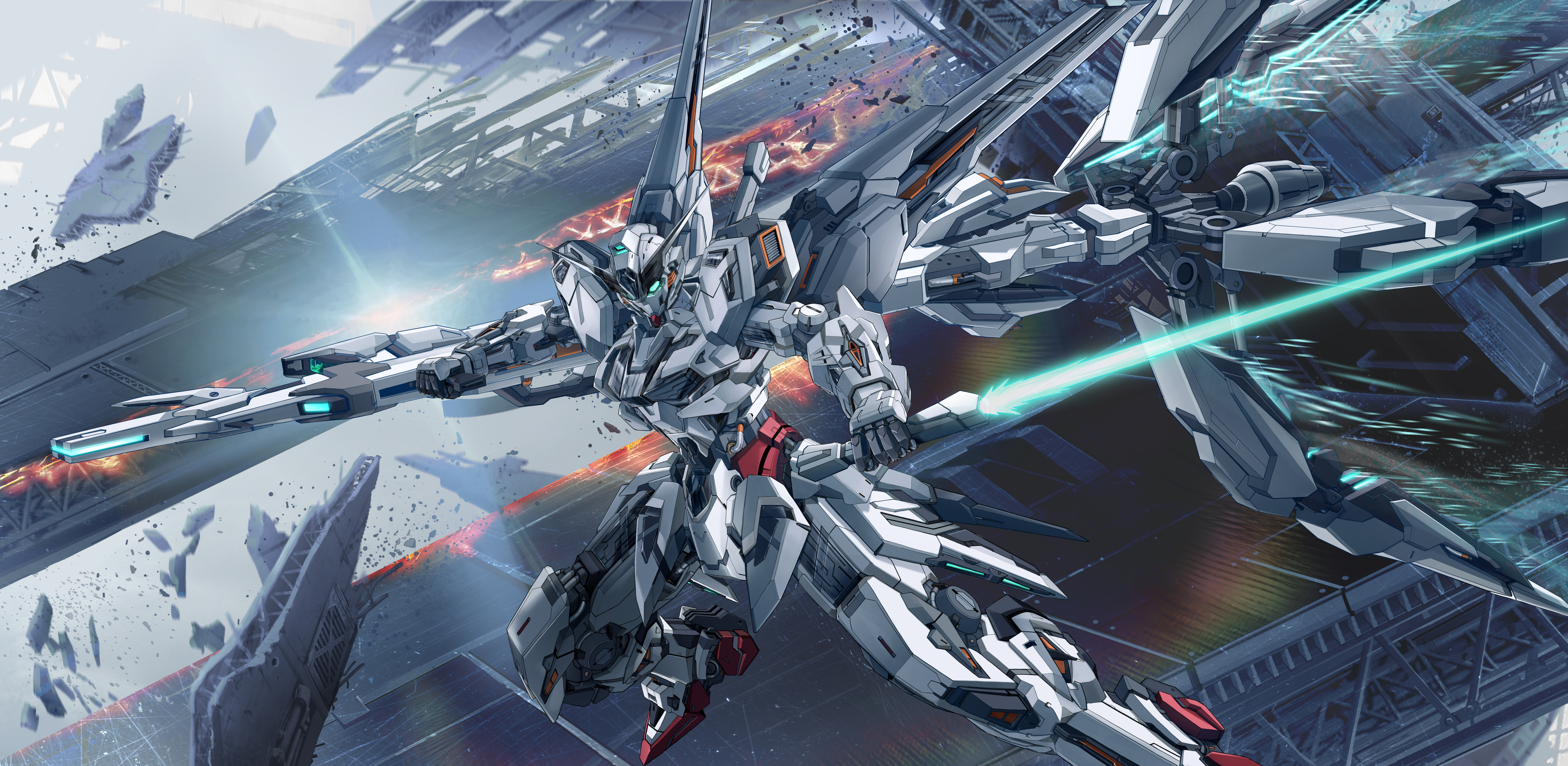 absurdres beam_cannon energy_sword commentary_request debris dual_wielding energy_cannon flying green_eyes gundam gundam_calibarn gundam_suisei_no_majo highres holding holding_cannon holding_sword holding_weapon legs_apart lens_flare mecha mecha_focus mobile_suit no_humans robot science_fiction solo sword thrusters v-fin veerinly weapon
