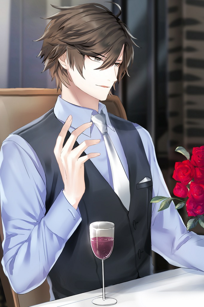 1boy alcohol black_hair blue_shirt business_suit buttoned_cuffs buttons chair cheritz cup drinking_glass fingernails flower formal_clothes gesture grey_eyes grey_vest han_jumin looking_to_the_side necktie official_alternate_costume official_art on_chair rose shirt short_hair suit susanghan_messenger third-party_source vest vest_pouch white_necktie window wine wine_glass