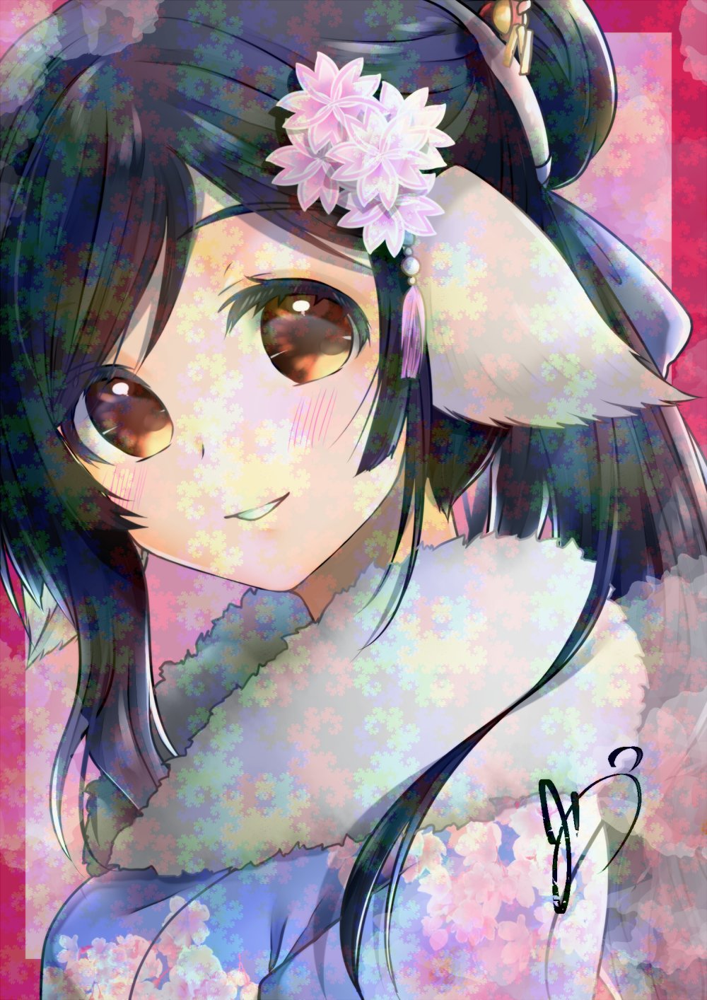 1girl adversarial_noise black_hair border brown_eyes floral_print floral_print_kimono highres kuon_(utawarerumono) looking_at_viewer outside_border parted_bangs pink_background pink_border print_kimono signature smile solo soyokaze_(breezefu00) upper_body utawarerumono