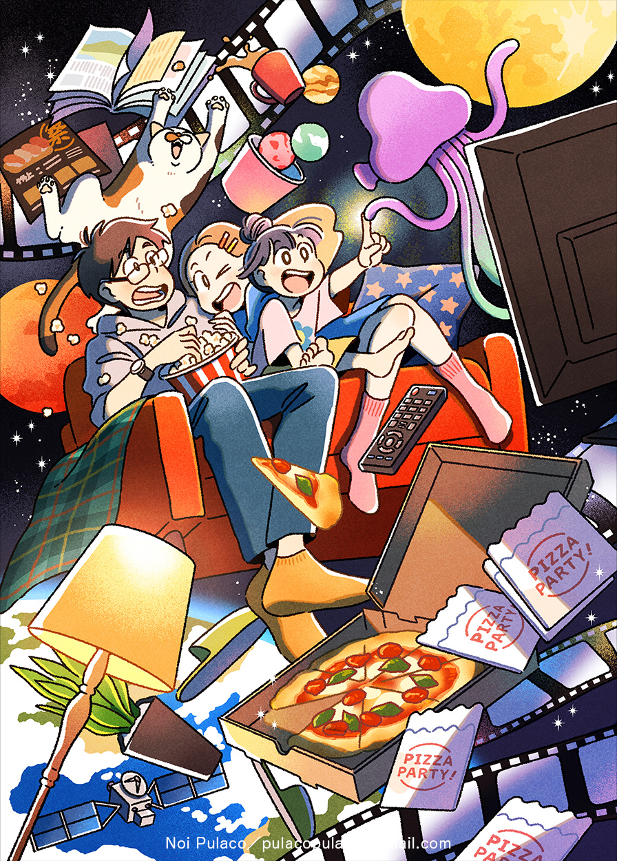 &gt;_o 1boy 2girls artist_name barefoot blanket blue_dress blue_pants book brown_hair bucket calico_(pattern) cat child coffee_mug commentary commentary_request controller couch crooked_eyewear cup dress earth_(planet) english_commentary english_text fantasy film_strip food glasses grey_hoodie grey_shirt hair_ornament hairclip highres hood hoodie index_finger_raised jellyfish kneehighs lamp mars_(planet) menu mixed-language_commentary moon mug multiple_girls noi_pulaco on_couch one_eye_closed open_book open_mouth orange_hair original outstretched_arm pants parallel_hairclips pillow pink_socks pizza pizza_box pizza_slice planet plant popcorn potted_plant print_pillow print_shirt rectangular_eyewear remote_control satellite shirt shoes short_hair shorts slippers smile socks space spill star_(sky) star_(symbol) star_print t-shirt teeth three-quarter_sleeves unworn_shoes upper_teeth_only watch wavy_mouth wristwatch yellow_shorts yellow_socks