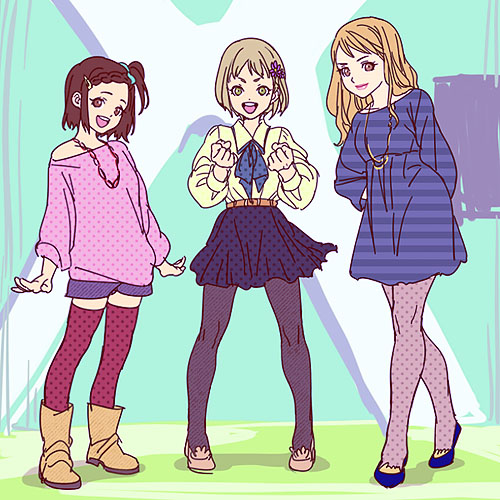 10s 3girls blonde_hair braid braided_bangs brown_hair dress flower hair_flower hair_ornament huang_pao-lin kaburagi_kaede karina_lyle lowres mamemo_(daifuku_mame) multiple_girls pantyhose side_ponytail thighhighs tiger_&amp;_bunny