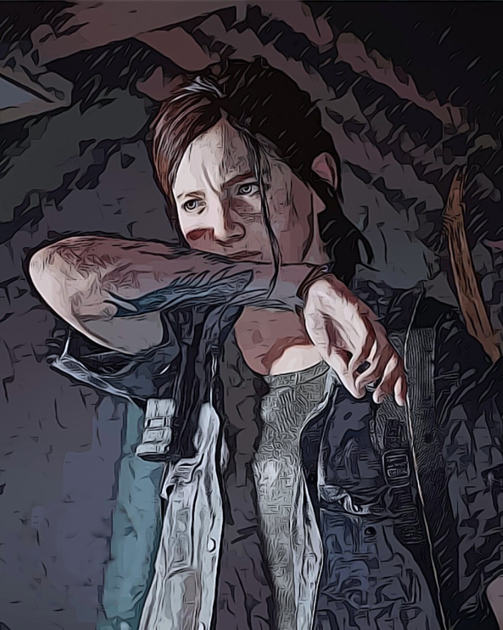 1girl arm_tattoo backpack bag blood blood_on_face bow_(weapon) brown_hair ellie_(the_last_of_us) highres holding_behind_back holding_weapon_behind_back lips nanekonya ponytail scene_reference self-upload short_hair solo tattoo the_last_of_us_(series) the_last_of_us_2 weapon