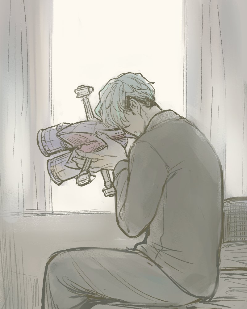 1boy beam_cannon challia_bull grey_hair gundam gundam_gquuuuuux kikeroga_(gquuuuuux) matsuki_(mtkqu6x) mecha miniature mobile_armor robot short_hair sitting spacecraft window