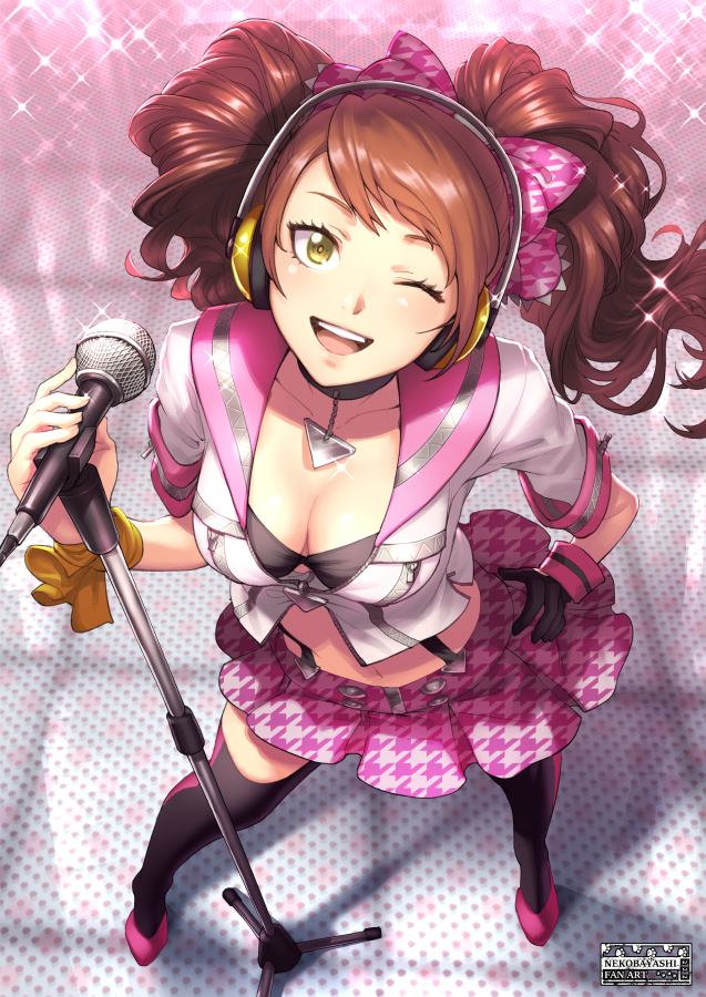 1girl ;d black_bra bow bra breasts brown_hair choker cleavage from_above gloves hair_bow hand_on_own_hip headphones idol kujikawa_rise looking_at_viewer looking_up medium_breasts microphone microphone_stand midriff nekobayashi_(nekoforest) one_eye_closed open_mouth persona persona_4 persona_4:_dancing_all_night persona_dancing perspective pink_skirt pleated_skirt revision single_glove skirt smile solo standing suspenders thighhighs twintails underwear watermark