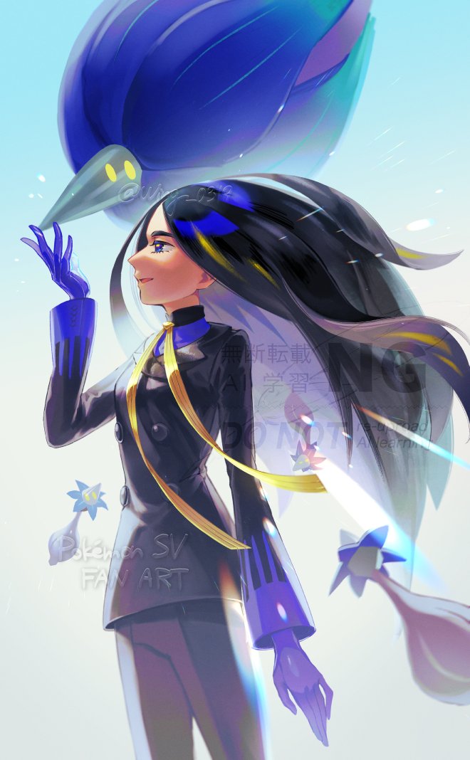 1girl black_hair black_jacket black_pants blue_eyes blue_gloves buttons commentary_request copyright_name evolutionary_line game_freak geeta_(pokemon) glimmet glimmora gloves hand_up jacket long_hair long_sleeves nintendo open_mouth pants pokemon pokemon_(creature) pokemon_sv smile watermark wing_(wing_0319)