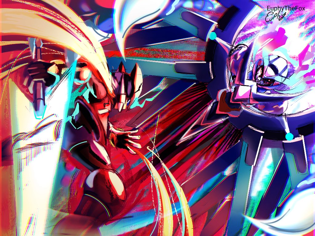 2boys armor battle blonde_hair blue_helmet copy_x_(mega_man) energy_sword euphythefox forehead_jewel halo helmet holding holding_sword holding_weapon long_hair mega_man_(series) mega_man_zero_(series) mega_man_zero_1 multiple_boys red_armor red_helmet sword weapon z_saber zero(z)_(mega_man) zero_(mega_man)