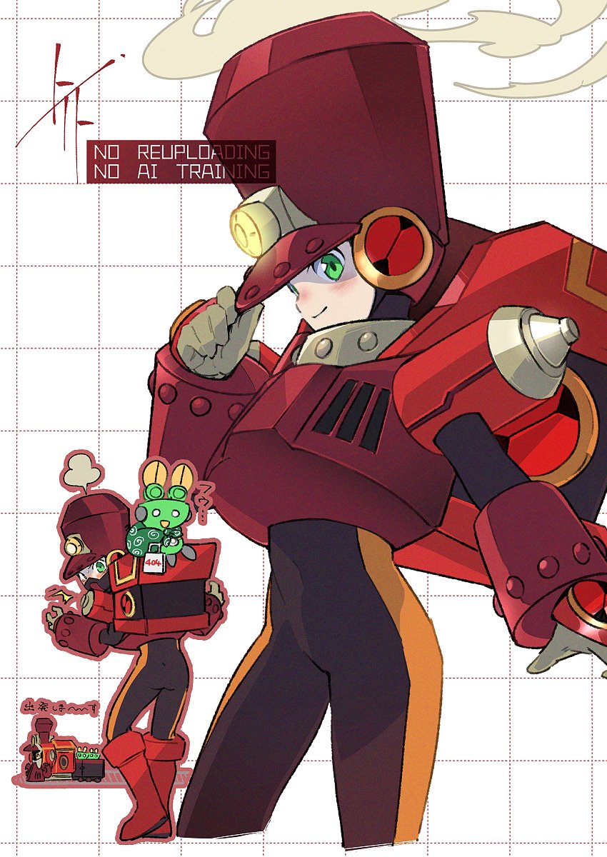 1boy bodysuit brown_armor brown_bodysuit brown_hat chargeman.exe cowboy_shot double_soul_(mega_man) hat highres male_focus mega_man_(series) mega_man_battle_network_(series) megaman.exe mr._prog_(mega_man) simple_background solo_focus to_i_to_io watermark white_background