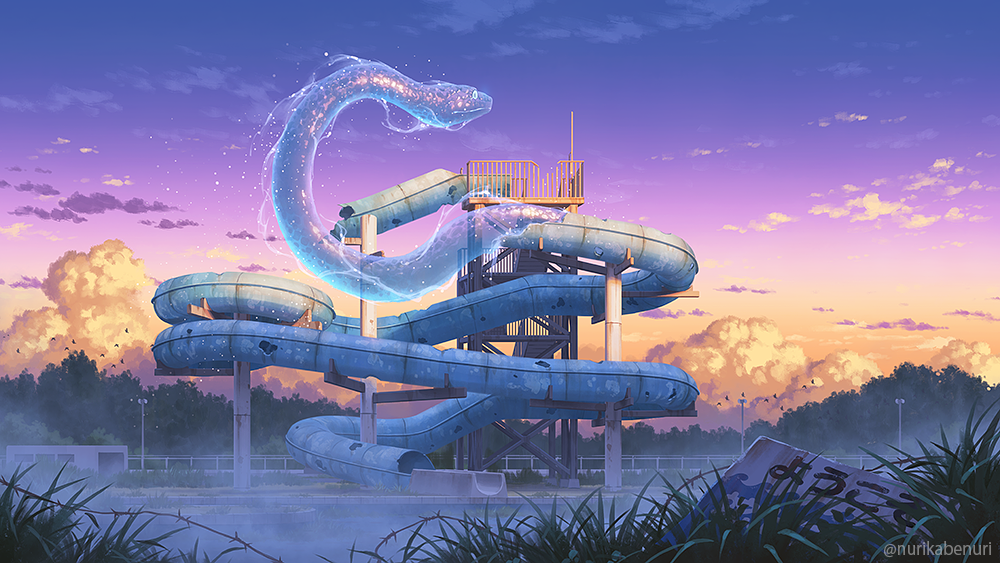 animal bird cloud creature day forest grass nature no_humans nurikabe_(mictlan-tecuhtli) original outdoors oversized_animal pool ruins scenery snake stairs steam tree water water_slide